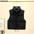 Elegant Quilted Chic Coats Fashion Sleeve Stand Collar Zipper Black Basic Autumn Winter Jackets Casual Office Lady Vest Jacket