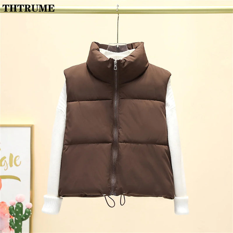 Elegant Quilted Chic Coats Fashion Sleeve Stand Collar Zipper Black Basic Autumn Winter Jackets Casual Office Lady Vest Jacket