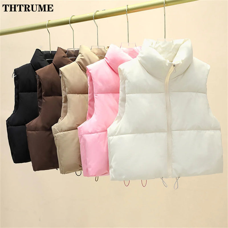 Elegant Quilted Chic Coats Fashion Sleeve Stand Collar Zipper Black Basic Autumn Winter Jackets Casual Office Lady Vest Jacket